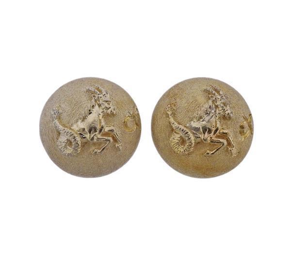Buccellati Silver Capricorn Zodiac Sign Earrings: METAL: Sterling Silver. MEASUREMENTS: Earrings are 22mm in diameter. MARKED: Buccellati, 925. WEIGHT: 17.1 grams. Gemstones have not been graded for color and clarity ,and tested for clarity and color