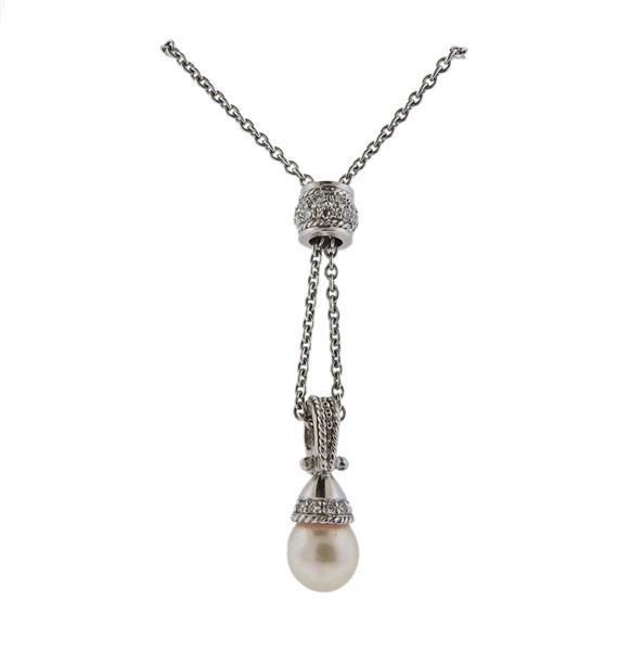 Penny Preville Platinum Diamond Pearl Pendant Necklace: METAL: Platinum. GEMSTONES: Diamonds approx. Pearl - 9mm. MEASUREMENTS: Necklace is 16" long, drop and pendant - 50mm x 9mm. MARKED: PP Plat. WEIGHT: 16.6 grams.Gemstones have not been graded for