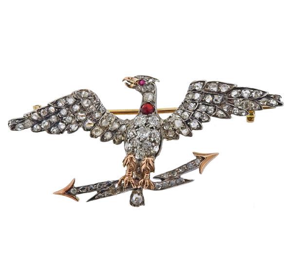 Antique 18K Gold Silver Diamond Eagle Brooch Pin (1 of 3)