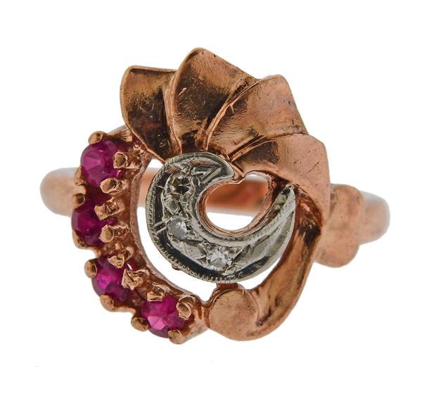 Retro 14k Rose Gold Palladium Diamond Ruby Ring (1 of 3)