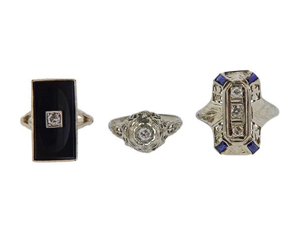 Art Deco Gold Diamond Onyx Ring Lot of 3 (1 of 3)