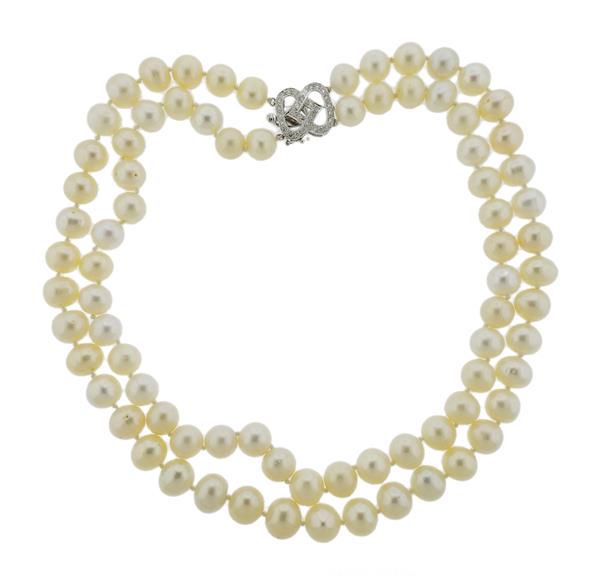 18K Gold Diamond Pearl Double Strand Necklace (1 of 5)