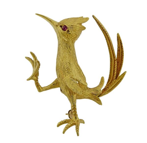 18K Gold Ruby Roadrunner Bird  Brooch Pin (1 of 4)