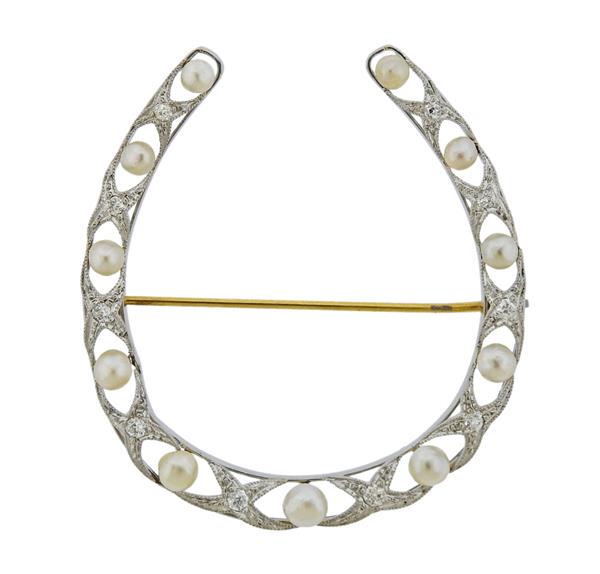 Antique Platinum Diamond Pearl Horseshoe Brooch Pin (1 of 3)
