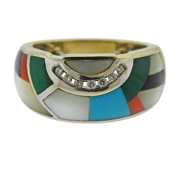 14K Gold Diamond Multi Color Stone Inlay Ring (1 of 3)