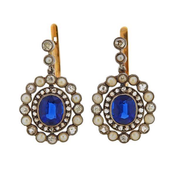 Antique 18k Gold Diamond Pearl Blue Stone Earrings (1 of 4)