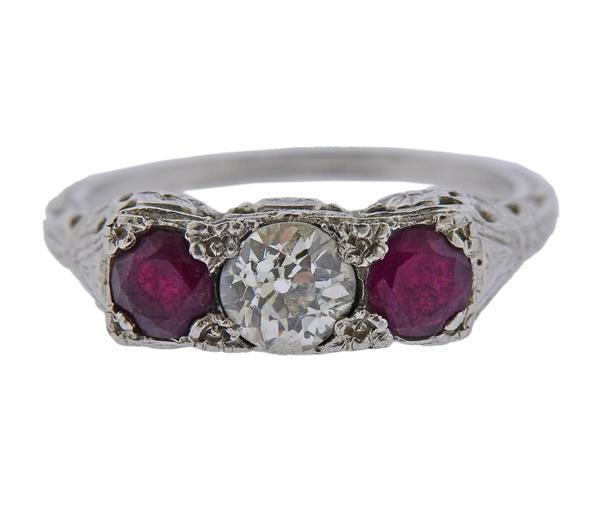 Art Deco Platinum Diamond Ruby Ring (1 of 3)