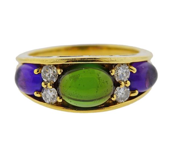 Tiffany & Co 18K Gold Diamond Tourmaline Amethyst: METAL: 18k Gold. GEMSTONES: Diamonds approx. 0.40ctw. Tourmaline (stone is not secure in the setting, abraded), Amethyst. MEASUREMENTS: Ring size 7, ring band is 8.8mm at widest point. MARKED: Tiffany