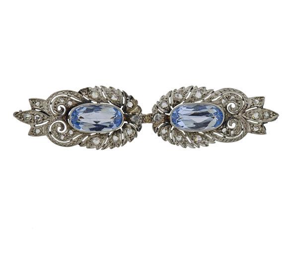 Art Deco Platinum Diamond Blue Stone Brooch Pin (1 of 3)