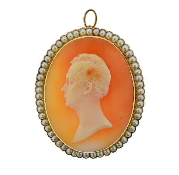 14K Gold Shell Cameo Pearl Brooch Pendant (1 of 3)