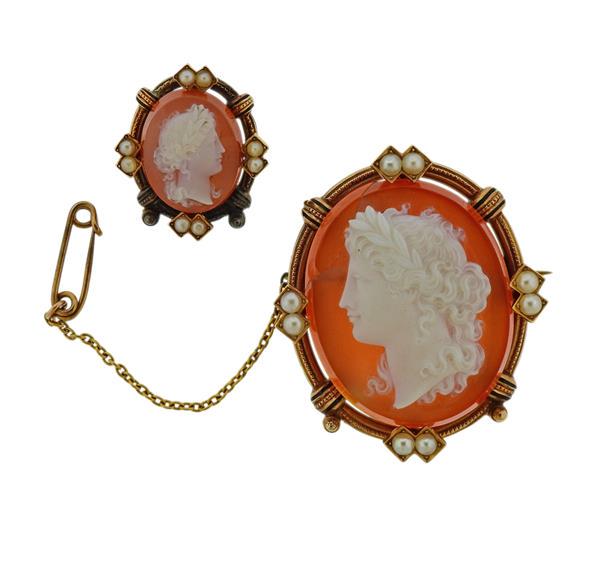Antique 14K Gold Hardstone Cameo Pearl Brooch Pin Set 2 (1 of 4)