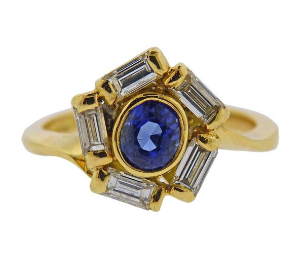 English 18K Gold Diamond Blue Stone Ring (1 of 3)