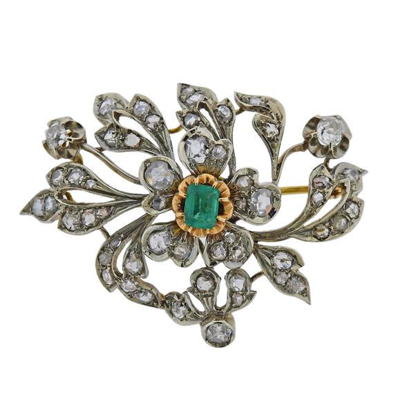 14K Gold Diamond Emerald Brooch Pin (1 of 3)