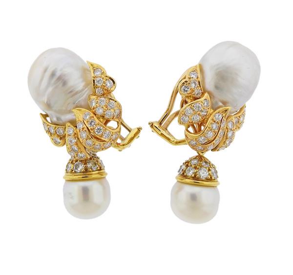 18K Gold Diamond Baroque Pearl Earrings (1 of 4)
