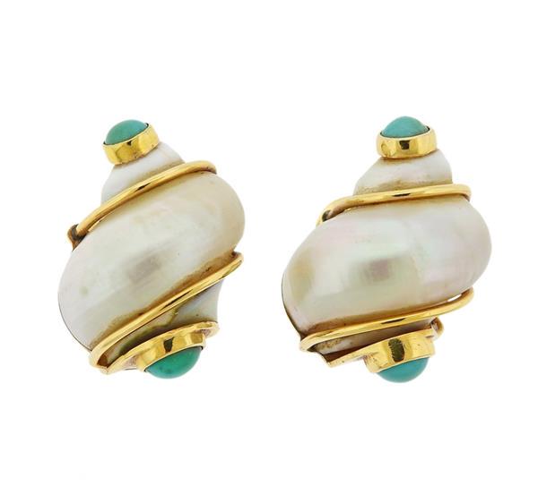 Seaman Schepps 14K Gold Turbo Shell Turquoise Earrings (1 of 5)
