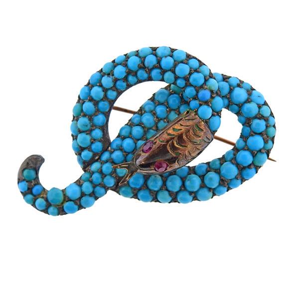 Antique Victorian Silver Gold Turquoise Snake  Pin (1 of 3)