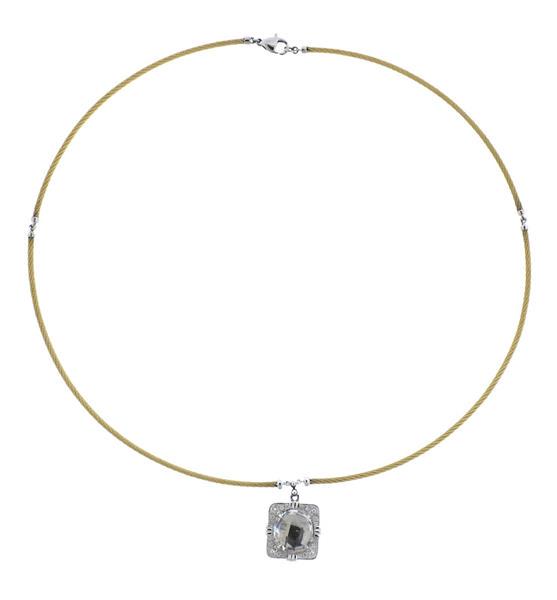 Charriol 18k Gold Steel Diamond White Topaz Pendant: METAL: 18k Gold/ Stainless Steel. MEASUREMENTS: Necklace is 17" long, Pendant - 21mm x 15mm. GEMSTONES: White topaz, Diamonds approx. 0.11ctw. MARKED: Charriol, Au750, Steel. WEIGHT: 9.3 grams. B