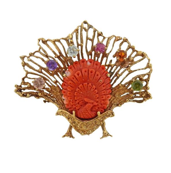 18k Gold Coral Multi Gemstone Peacock Brooch (1 of 3)