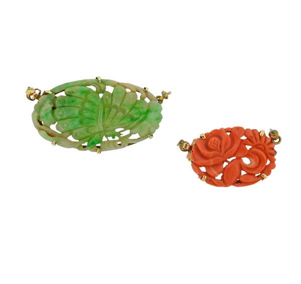 14k Gold Carved Jade Coral Necklace Clasp Set of 2 (1 of 4)