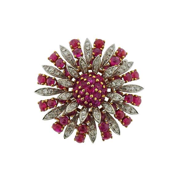 18k Gold Platinum Diamond Ruby Brooch (1 of 3)