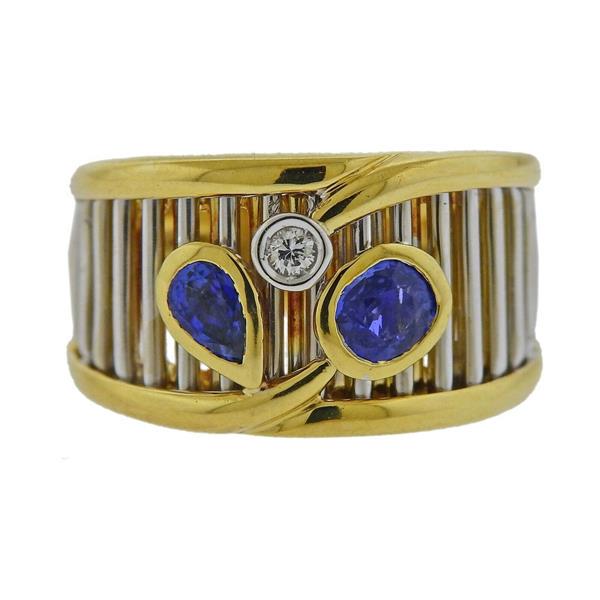 Italian 18k  Gold Diamond Sapphire Band Ring (1 of 4)