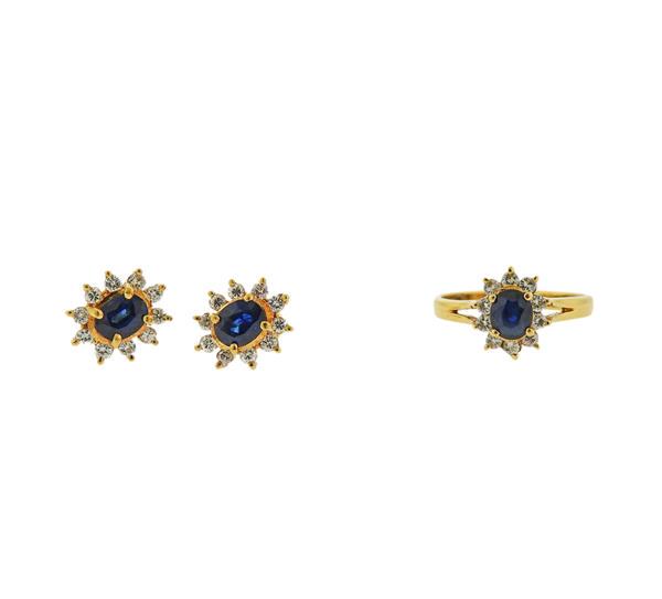 18k Gold Diamond Sapphire Earrings Ring Set (1 of 6)