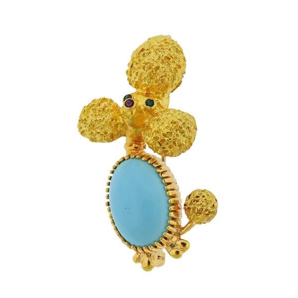 18k Gold Turquoise Emerald Ruby Poodle Dog Brooch Pin (1 of 4)