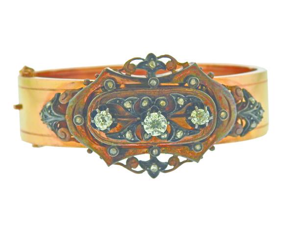 Antique 14k Gold Silver Diamond Bangle Bracelet: METAL: 14k Gold/Silver. MEASUREMENTS: Bracelet will fit approx. 7.25" wrist and is 29mm wide. GEMSTONES: Small rose cut diamonds, largest 3 old mine diamonds - approx. 1.00-1.10ctw. TESTED: 14k.