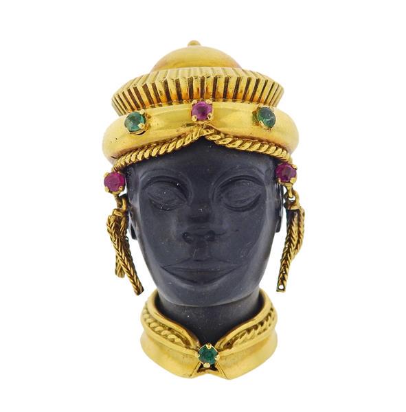 French 18k Gold Ruby Emerald Blackamoor Brooch Pin (1 of 4)