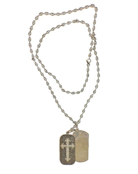 Loree Rodkin 18k Gold Diamond Dog Tag Pendant Necklace: METAL: 18k Gold. MEASUREMENTS: Necklace is 35" long and 5mm wide. Pendant - each tag is 60mm x 26mm. GEMSTONES: black diamonds approx. 4.16ctw, White diamonds - 1.02ctw. Retail for cross pendant 