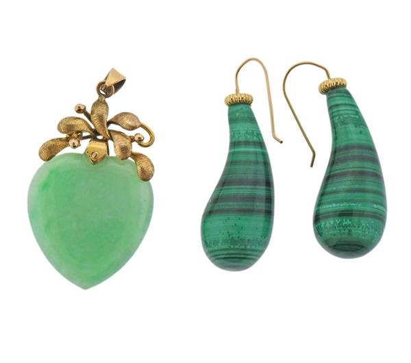 18k Gold Malachite Earrings Jade Heart Pendant (1 of 5)