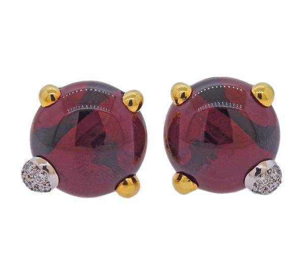 Pomellato 18k Gold Diamond Garnet Cabochon Earrings (1 of 4)