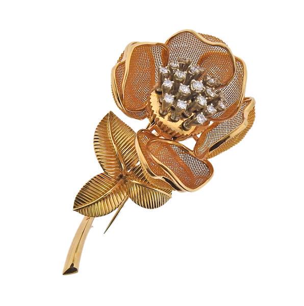 Continental 18k Gold Diamond Flower Brooch Pin (1 of 5)