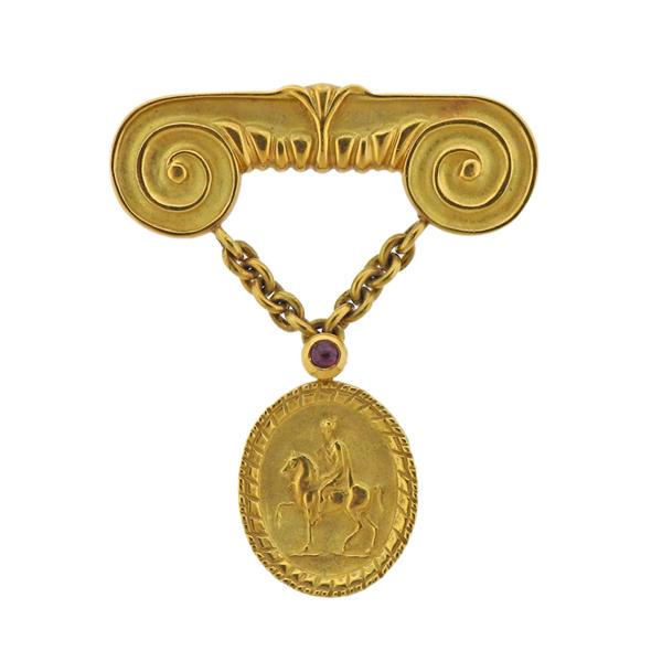 Seiden Gang 18K Gold Red Stone Brooch Pin (1 of 3)