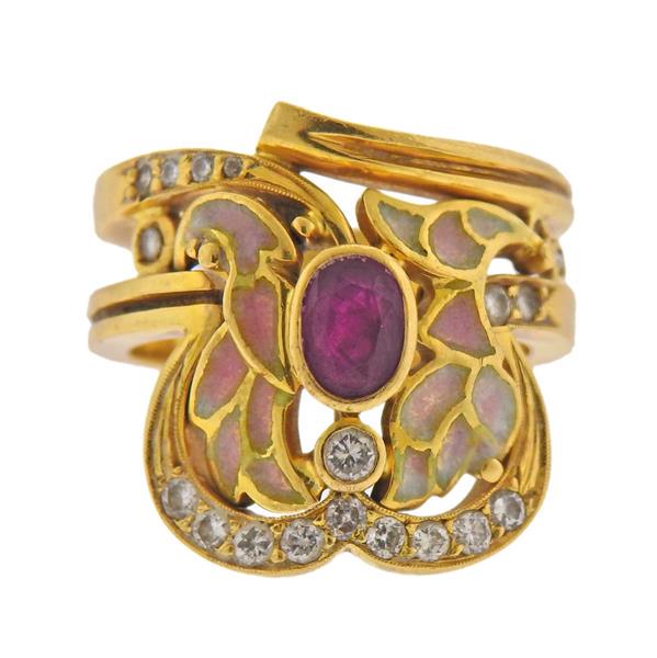 18K Gold Diamond Enamel Ruby Ring (1 of 3)