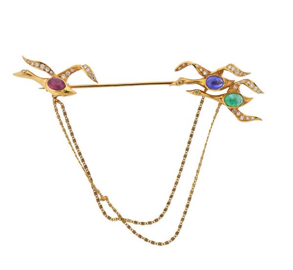 18K Gold Diamond Multi Color Gemstone Brooch Pin (1 of 4)