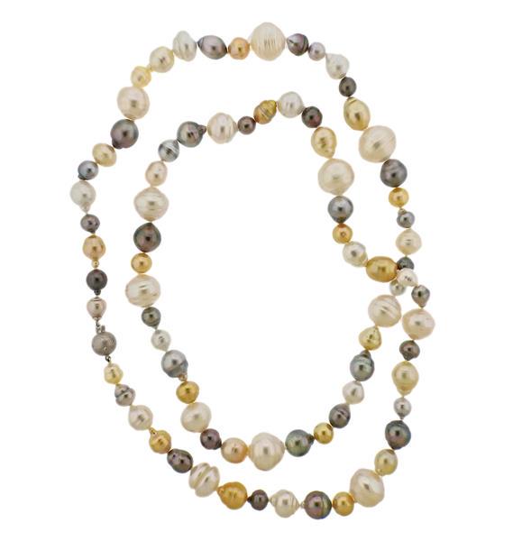 18K Gold Diamond Pearl Long Necklace (1 of 3)