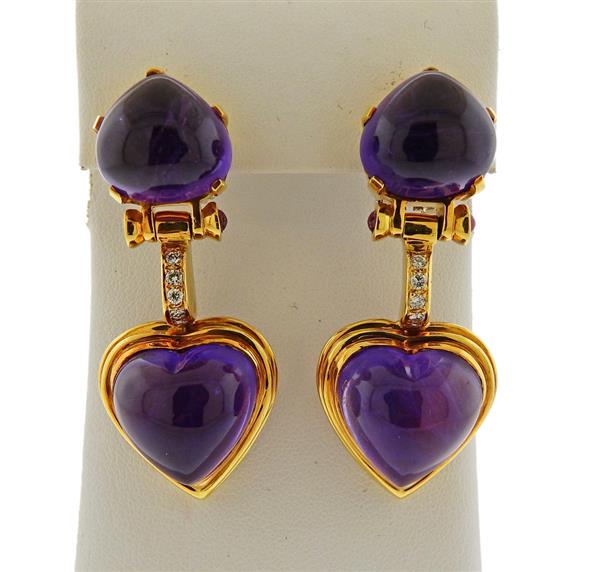 18K Gold Diamond Amethyst  Heart Drop Earrings (1 of 4)