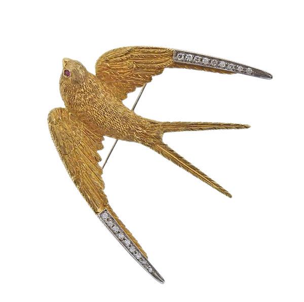 18K Gold Platinum Diamond Ruby Bird Brooch Pin (1 of 3)