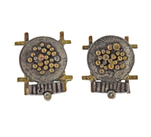 Modernist 18k Gold Silver Diamond Earrings (1 of 3)