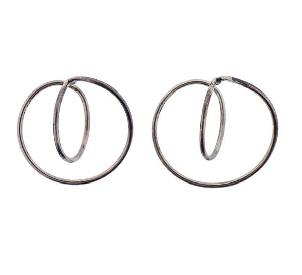 Georg Jensen Sterling Silver Abstract Hoop Earrings: METAL:Sterling Silver. MEASUREMENTS: Earrings measure 35mm x 40mm. MARKED: Jensen mark, 925. WEIGHT: 11.7 grams.Gemstones have not been graded for color and clarity ,and tested for clarity and color e