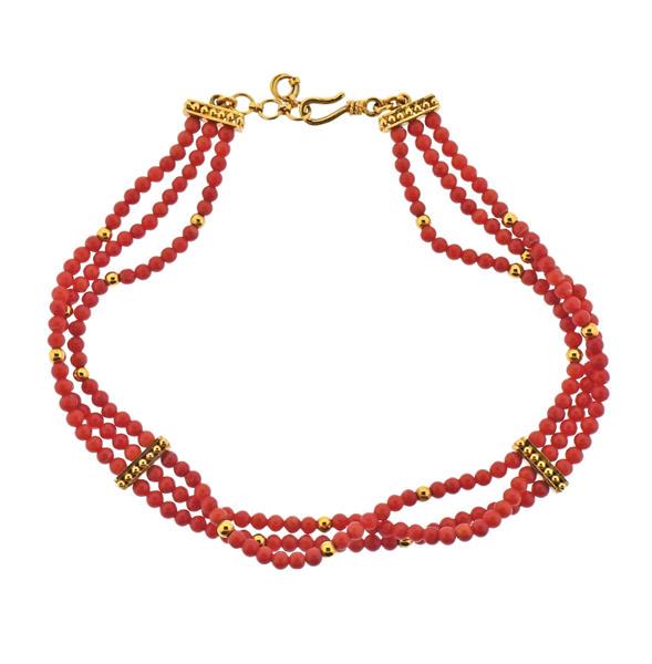 18K Gold Coral Bead Three Strand Necklace (1 of 3)