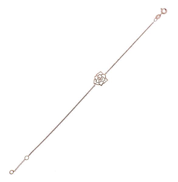 18K Rose Gold Diamond Bracelet: METAL: 18K Rose Gold. GEMSTONES: Diamond - 0.09ctw. MEASUREMENTS: Bracelet is 7 7/8" Long, Flower is 13mm x 10mm. TESTED: Au 750. WEIGHT: 1.5 grams. Gemstones have not been graded for color and c