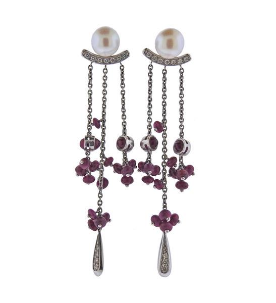 18k Gold Diamond Ruby Pearl Drop Earrings (1 of 4)