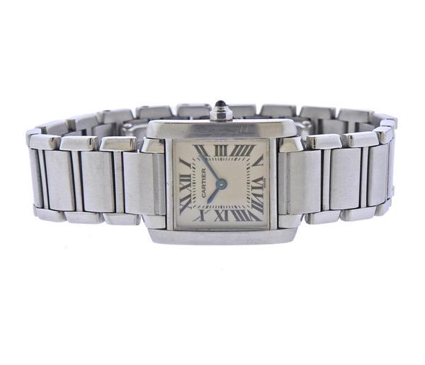 Cartier Tank Francaise Steel Watch 2384: METAL: Stainless Steel. MEASUREMENTS: Case - 20mm excl crown x 25mm lug end to end. Band will fit approx. 6.75" wrist. MOVEMENT: Quartz, not working. Retail $3250. Small model.Watches are guarant