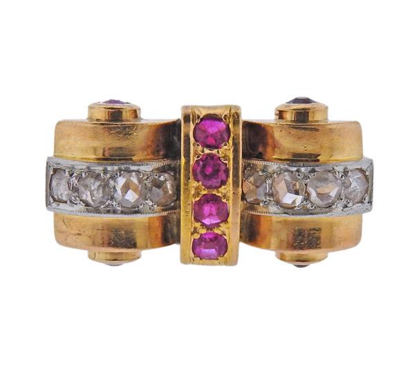 Retro 18K Gold Diamond Red Stone Ring (1 of 3)