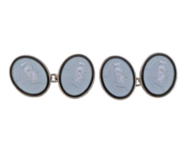 Tiffany & Co Antique Silver Enamel Cufflinks: METAL: Sterling Silver. GEMSTONES: n/a, Enamel. MEASUREMENTS: Cufflinks measures 19mm x 15mm. MARKED: Tiffany & Co 925 UK. WEIGHT: 13 grams.Gemstones have not been graded for color and clarity ,an