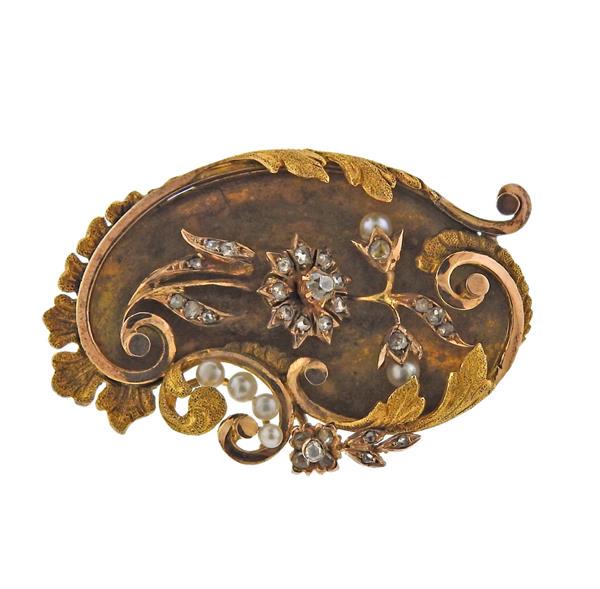 Antique 18K Gold Diamond Pearl Brooch Pin (1 of 3)