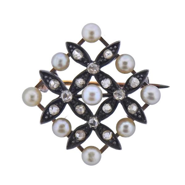 Antique 18K Gold Silver Diamond Pearl Brooch Pin (1 of 3)
