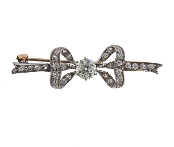 Antique Platinum 14K Gold Diamond Brooch Pin (1 of 3)